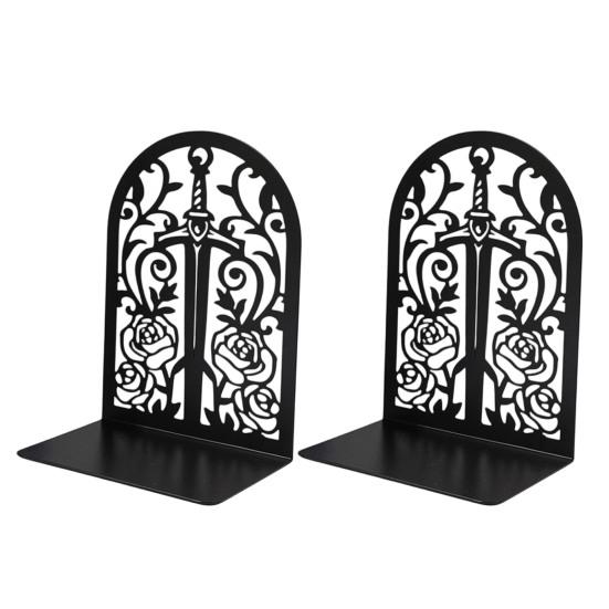 1 Pair Flower Metal Bookends Decorative Flower Vase Book Ends for Shelves Black