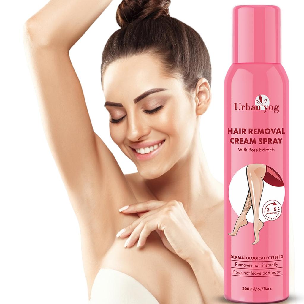 Urban Yog Painless Hair Removal Cream Spray for Women (200 ml) - Fast, Natural & Non-Darkening Hair Remover for Legs, Hands, Underarm & Back (Rose)