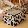 1PC Cotton and Linen Uncovered Drawer Style Storage Box, Black and White Cow Printed Clothing Storage Box