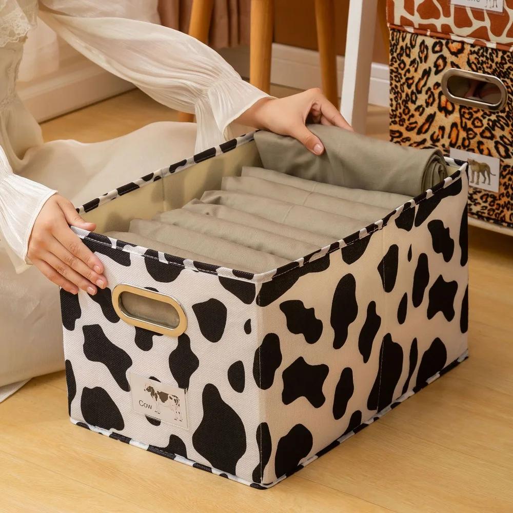 1PC Cotton and Linen Uncovered Drawer Style Storage Box, Black and White Cow Printed Clothing Storage Box