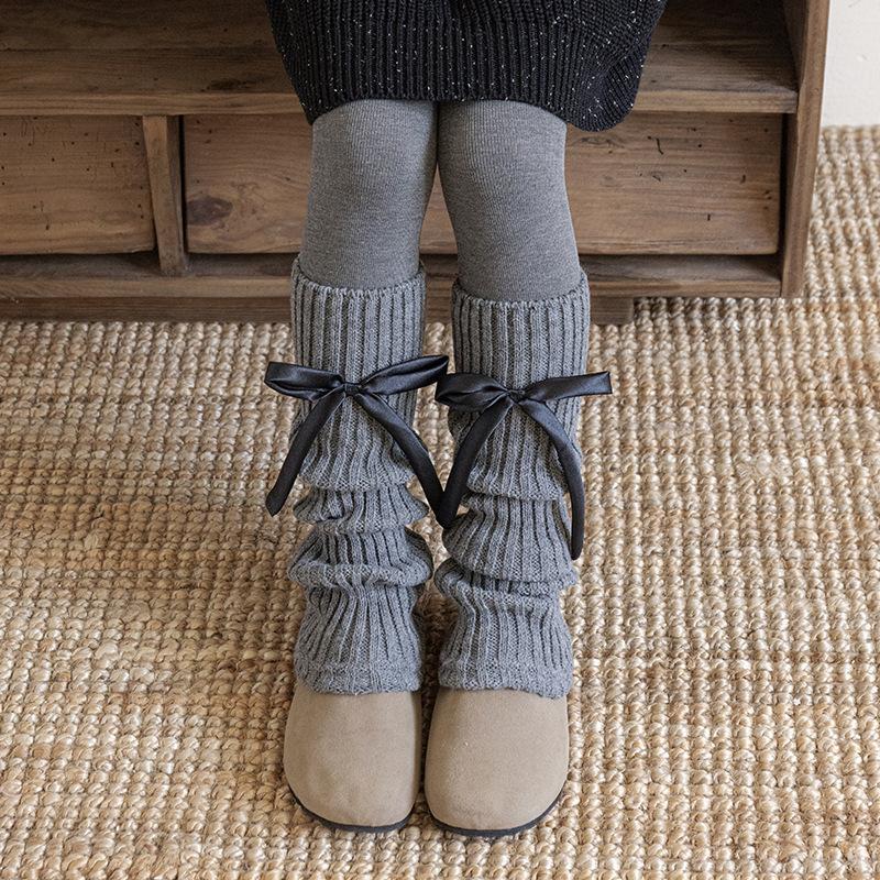 Kids Leg Warmers INS Fashion Solid Color Knitted Boot Cuff with Bow Winter Warm Leg Warmers for Girls Retro Over The Knee Socks