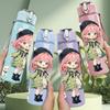 1PC Pink Hair Girl Green Raincoat Pattern 750ml Color Plastic Sports Water Bottle Leakproof Flip Straw Lid Suitable for Sports Office Home Use