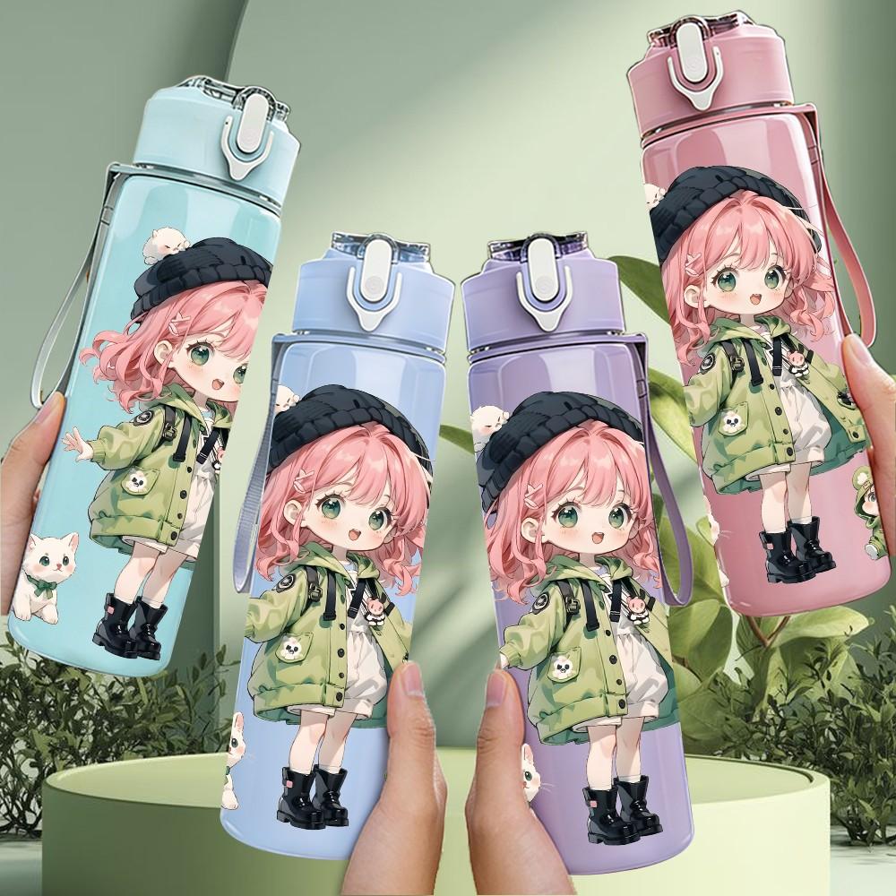 1PC Pink Hair Girl Green Raincoat Pattern 750ml Color Plastic Sports Water Bottle Leakproof Flip Straw Lid Suitable for Sports Office Home Use