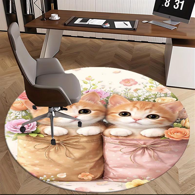 1pc Cute Cat Round Carpet - Floral Design Office Chair Mat, Non-Slip Rug for Home Decor, Suitable for All Seasons and Occasions.H003