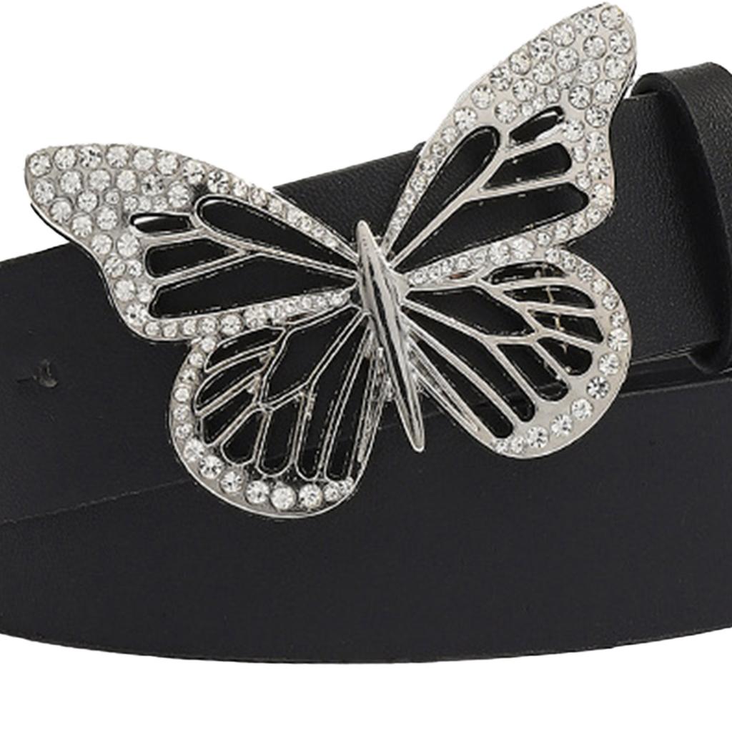 Rhinestone Butterfly Buckle Belt Fashionable Pu Leather Women Wide Belt for Dress Shirt Decoration Black Free Size