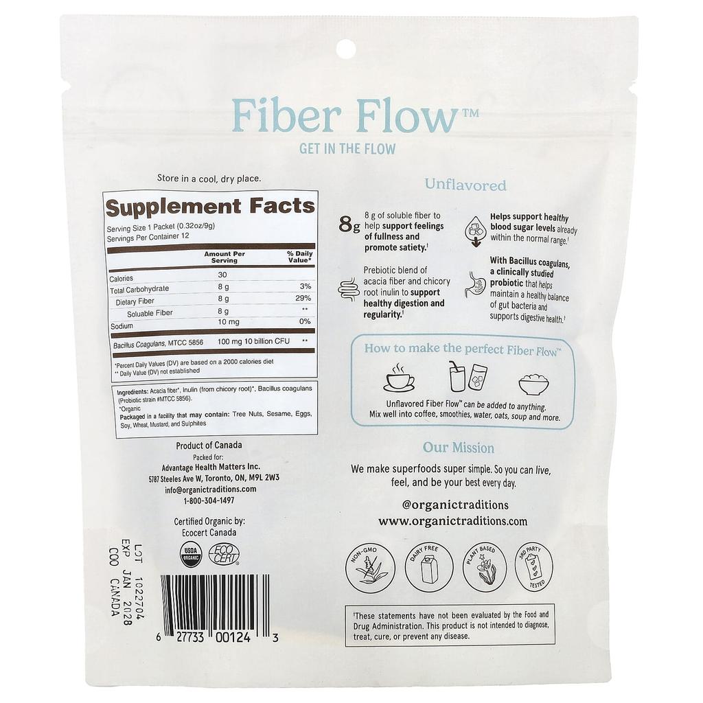 Organic Traditions, Fiber Flow™, Unflavored, 12 Sticks, 9g (0.32oz) each