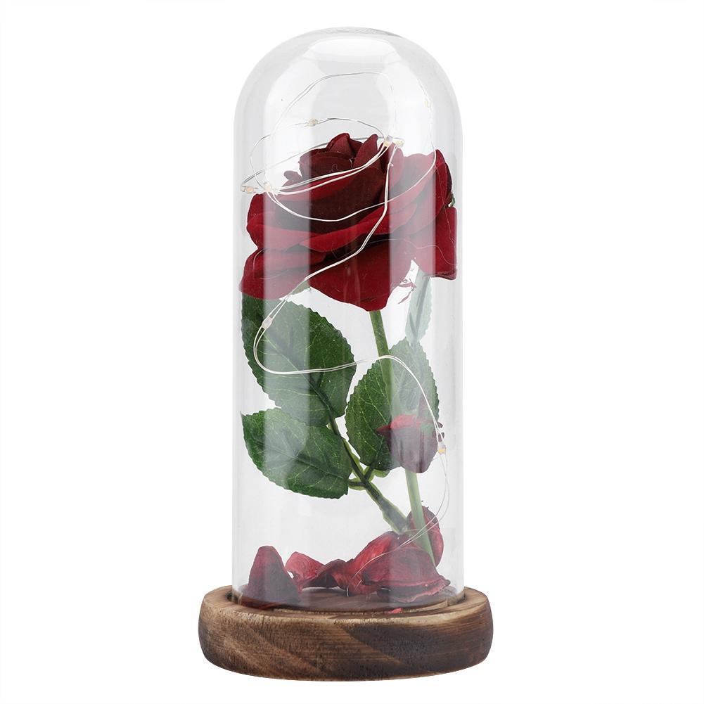 Preserved Rose Flower LED Light with Glass Cover & Wooden Base Valentines Day Wedding Gift Red