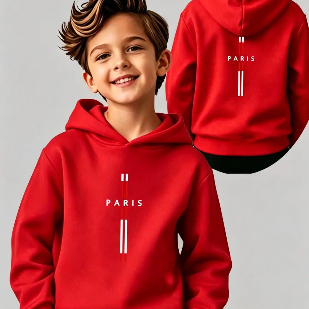 New autumn/winter Christmas boys' hooded sweatshirt, featuring Parisian alphabet prints on the front and back, casual style.