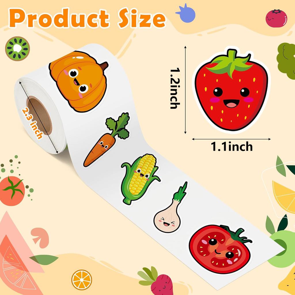 500pcs Roll Stickers Colorful Fruits Vegetables Smiling Face Children Strawberry Banana Watermelon Orange Pumpkin Reward Sticker