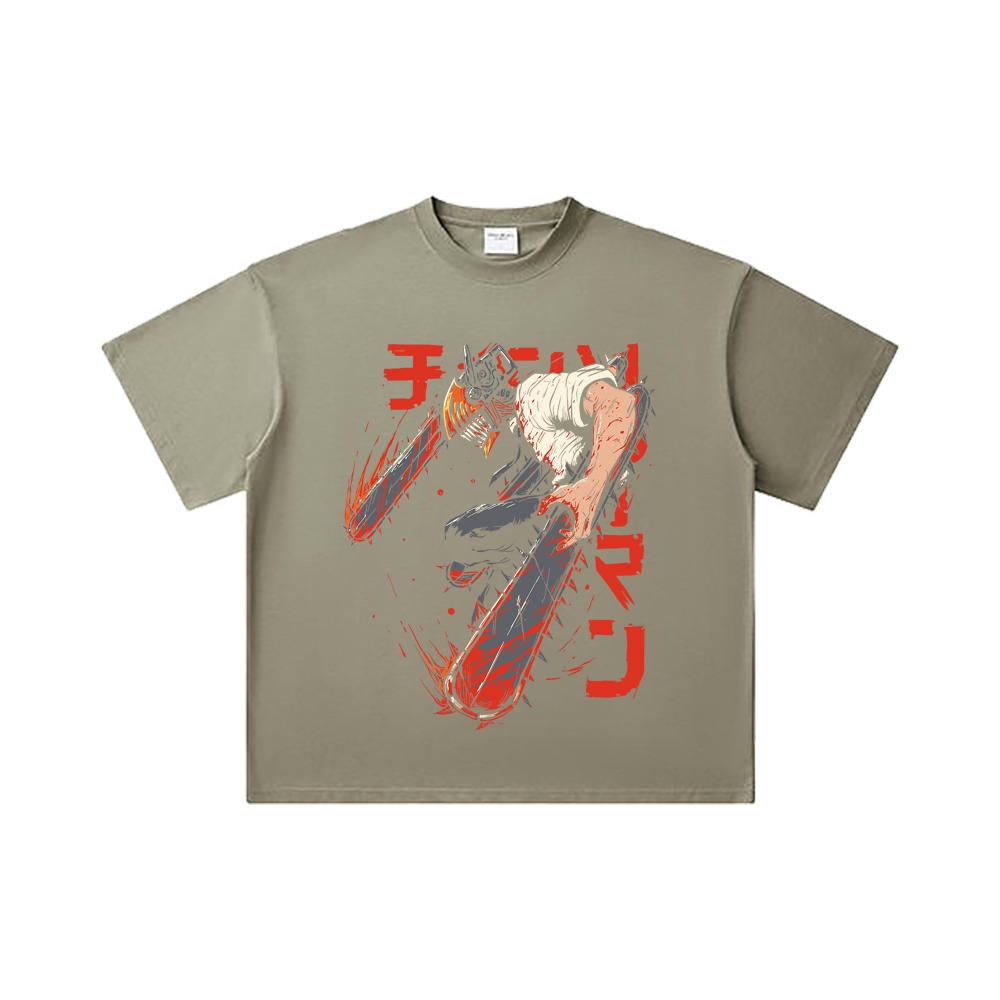 260 GSM Doppelgarn 32er Zählung 100% Baumwolle Chainsaw Man V21 Denji Druck Unisex Schweres Baumwoll-T-Shirt