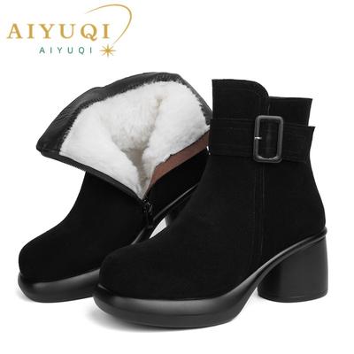 Snow Boots Women  Genuine Leather Women Ankle Boots High Heel Fashion Non-slip Natural Wool Women Winter Boots