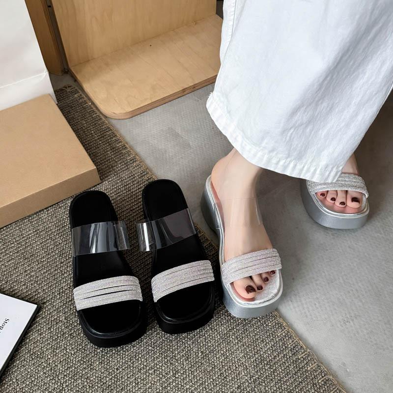 Kleine Damen-Pantoletten mit dicker Sohle, Muffin-Boden, Strass, Sommer, erhöhend, wasserdicht, Tischdamenschuhe