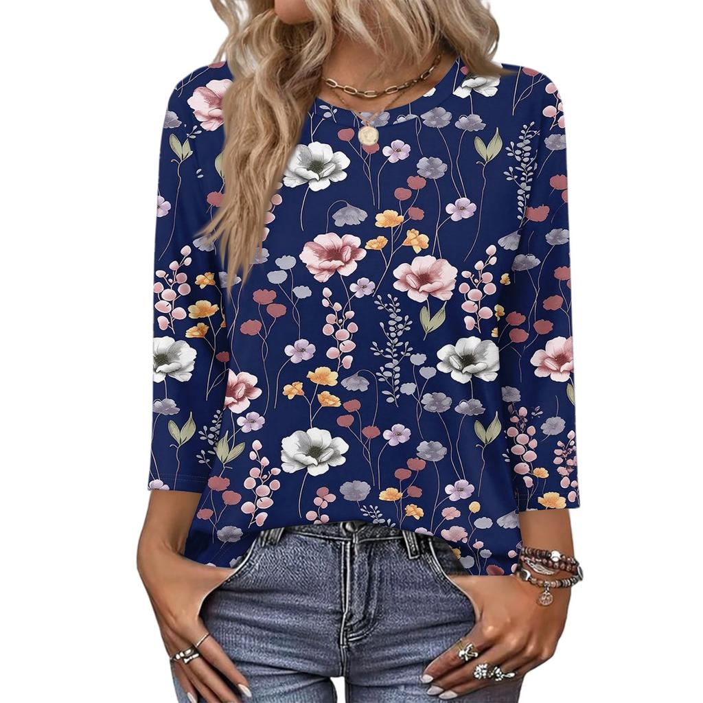 343/4 Sleeve Shirts For Women Cute Print Graphic Tees Blouses Casual Plus Size Basic Tops Pullover