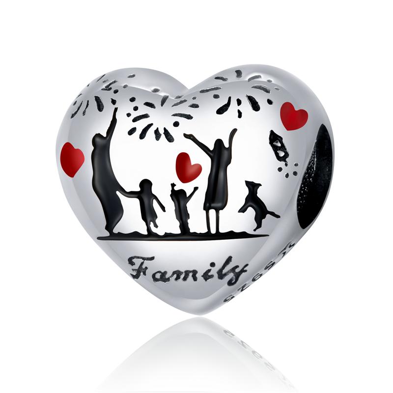 WOSTU 925 Silver Family Charm Plated Platinum Red Love Heart Beads Fit Bracelet Pendant Mother DIY Jewelry