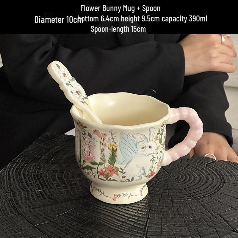 Large Ceramic Mug with Cute Rabbit and Flowers Design, Lid, and Spoon