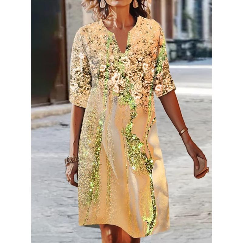 QICED Fashion Summer Spring 1/2 Sleeves V-Neck Casual Dresses