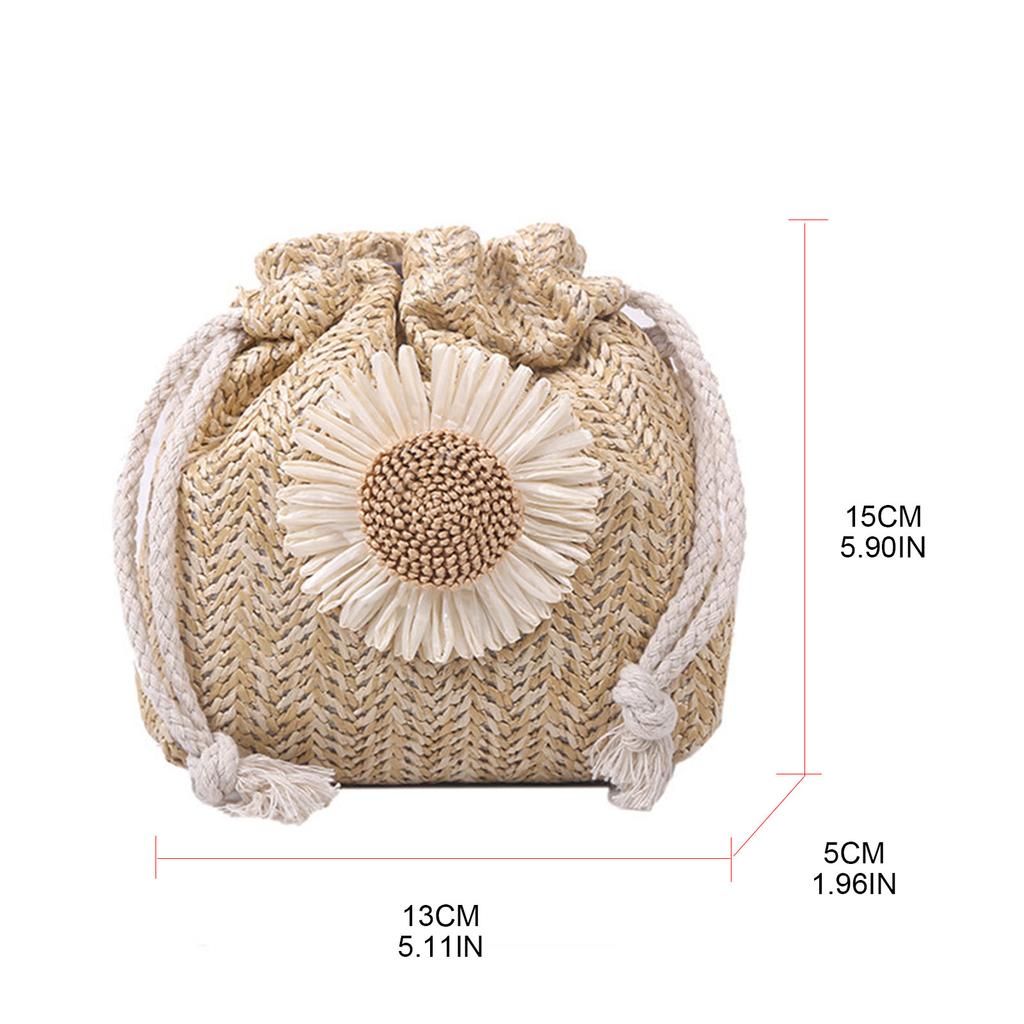 Fashion Drawstring Straw Messenger Bag Crossbody Handbag Summer Shoulder Bag Flower Straw Bucket Bag for Photo Shooting