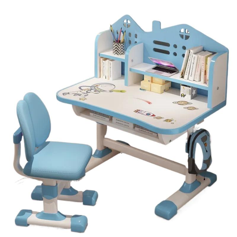 

Детский письменный стол, набор стульев, расширенный рабочий стол с несколькими отделениями, мультяшный астронавт, рисунок замка, регулируемая высота, учебный стол для мальчика и девочки синий