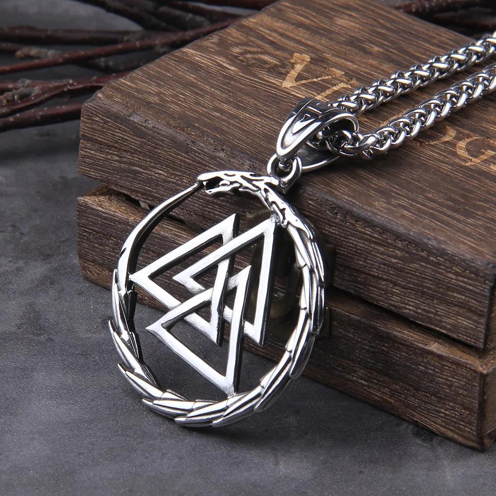 Stainless Steel Viking Ouroboros Dragon Pendant Necklace with Wooden Box Never Fade Mens Jewelry