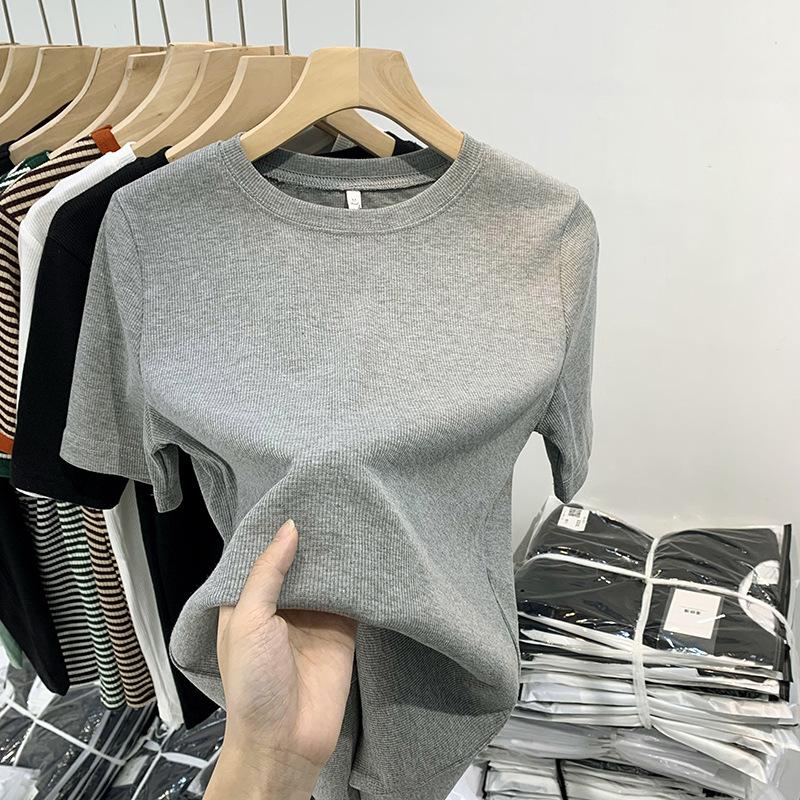 European Threaded Short-sleeved T-shirt for Women Spring and Summer New Round Neck Slimming Bottoming T-shirt Small Shirt Solid Color Versatile Top