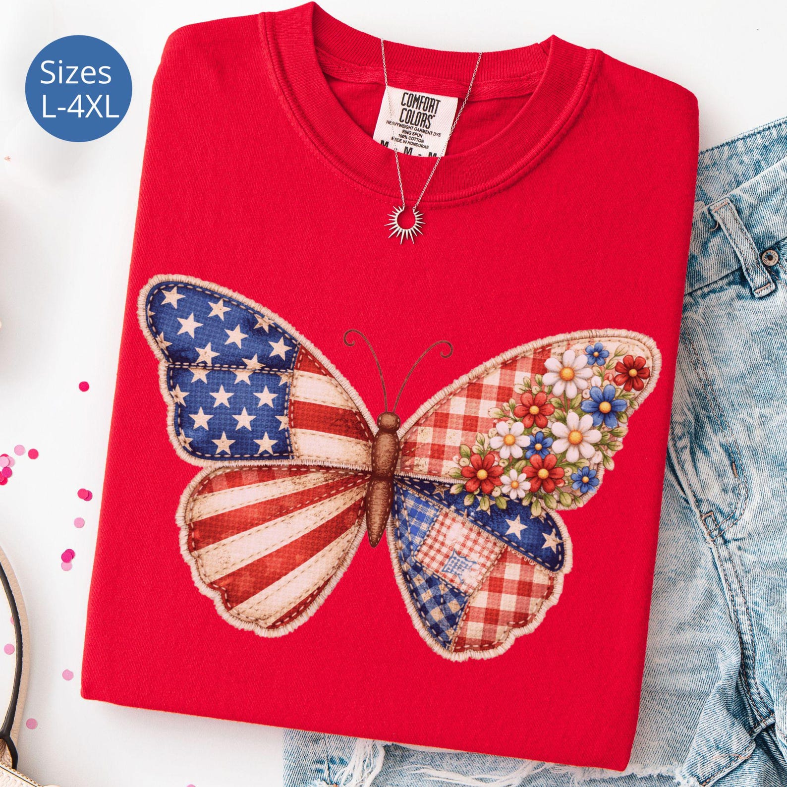 Plus Size Faux Patchwork Patriotic Butterfly T-Shirt, American Flag Tee For Plus Size Women, Independence Day Shirt, Comfort Colors Shirt L