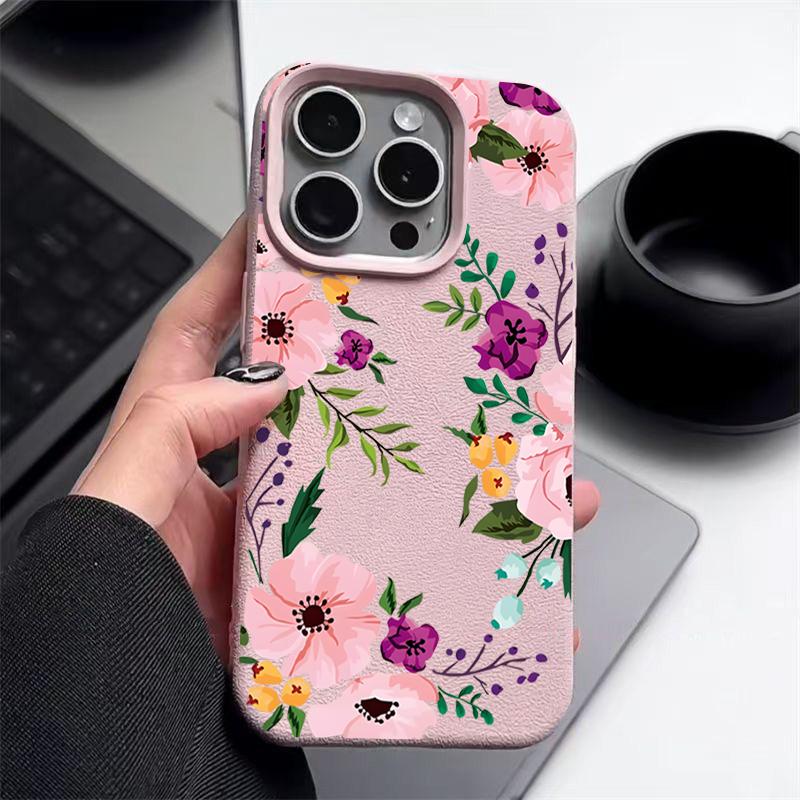 Matte Leather Texture TPU Soft Phone Case For iPhone 16 Pro Max 15 Pro 14 13 12 11 Floral Print Slim Shockproof Bumper Cover