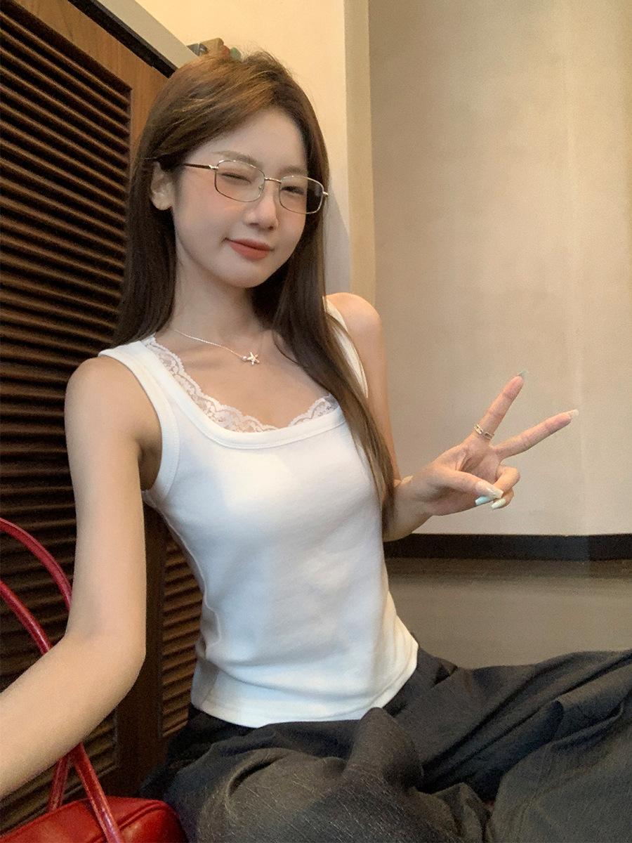 White Spice Girl Lace Splicing Design Vest Suspender Women s Summer New Slim Skinny Sleeveless Top S белый