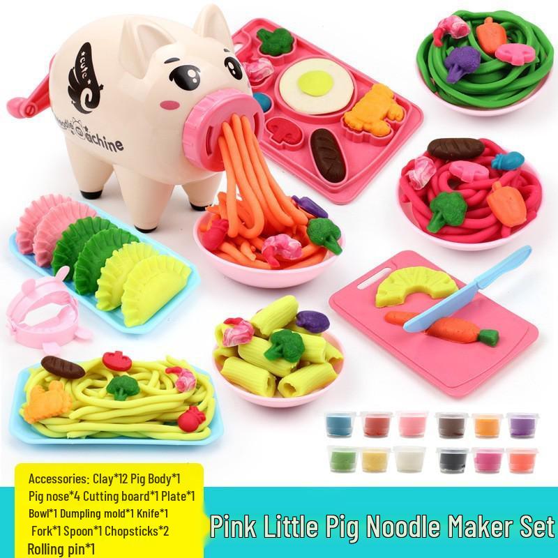 Kids Play Kitchen Set: Piggy Clay Noodle Maker with Play-Doh Molds for Boys & Girls