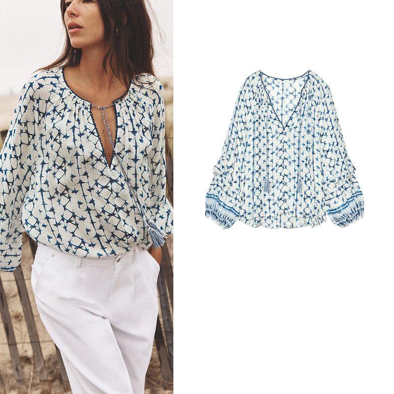 Summer Women's French Style Laminated Decoration Long Sleeves Metal Color Line Print round Neck Vertical Blouse 1821024