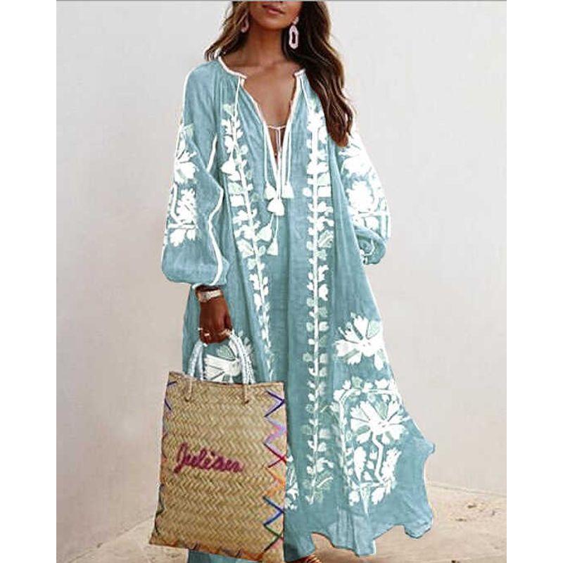 2024 European and American New Women's Clothes Ethnic Embroidery Flower Loose Oversized Long Sleeves Dress Women's Robe