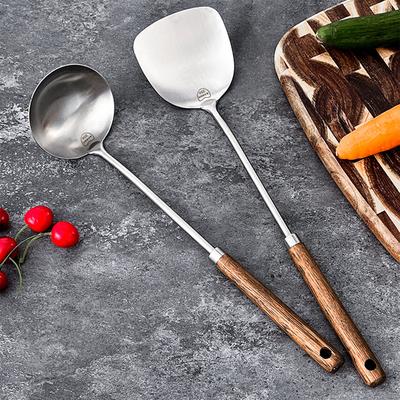 304 Stainless Steel Turner With Wooden Handle Heat-Resistant Long Handle Soup Ladle Spatula Kitchen Cooking Utensils