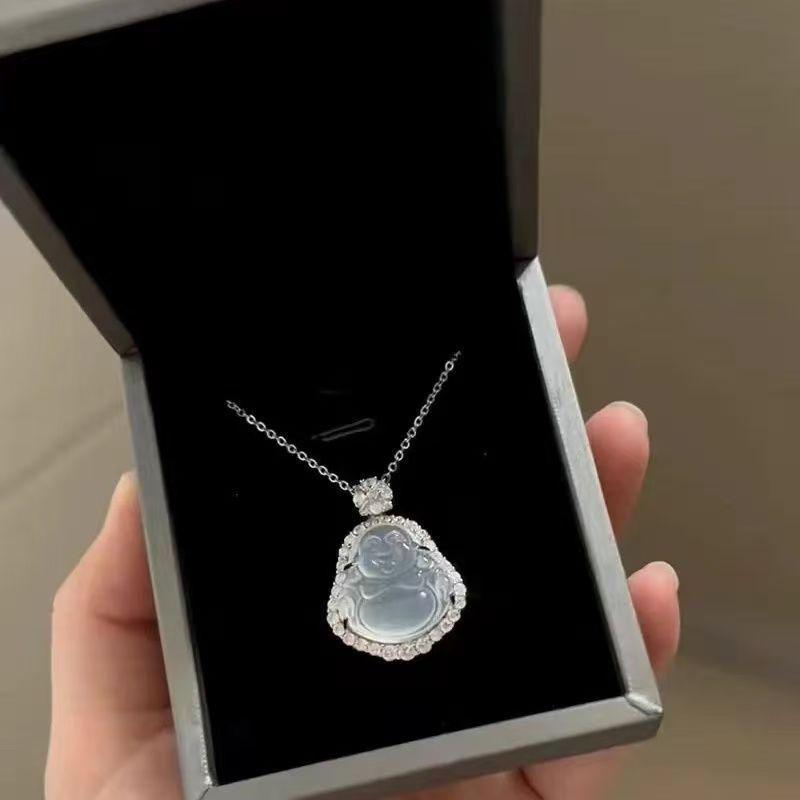 High Ice Chalcedony Buddha Pendant Necklace: Titanium Steel Girls’ Birthday Gift