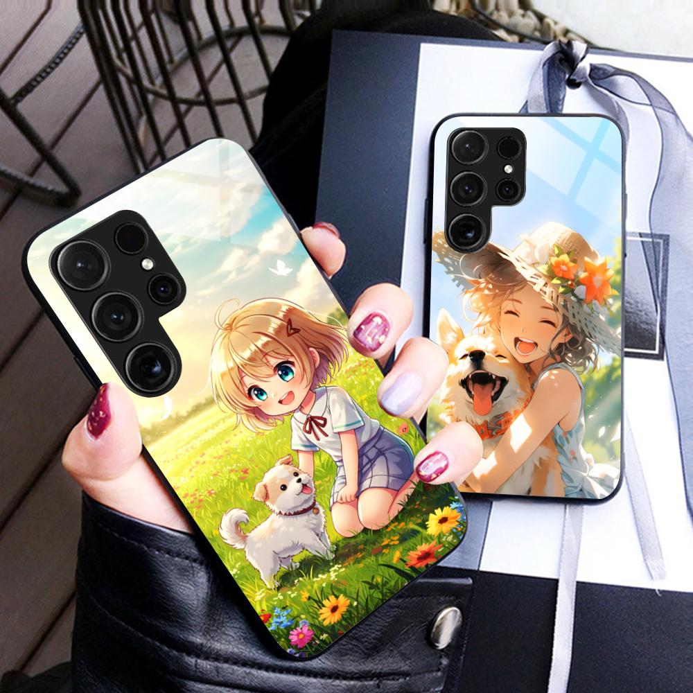 Girl Dog Puppy Glass Mobile Phone Case for Samsung Galaxy A56 55 54 53 52 51 36 35 34 23 16 15 5G Colorful Cover