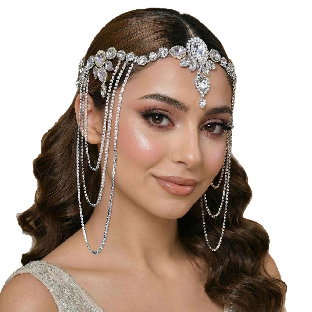 Yula Pan Multilayer Tassel Forehead Hair Chain, Bridal Wedding Hairband.