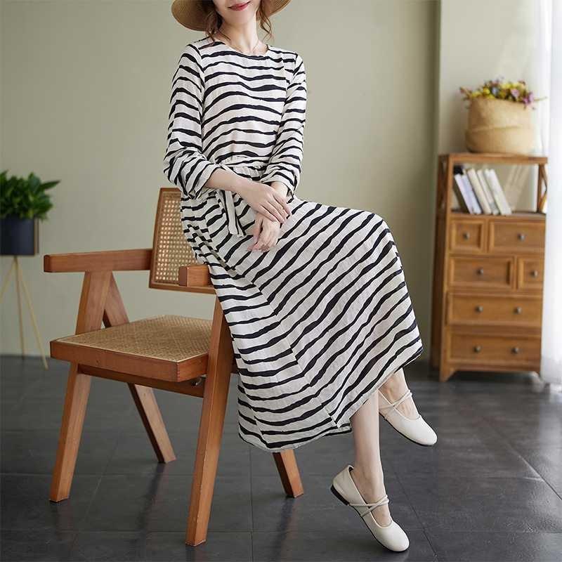 Vintage Literary Style Striped Printed Round Neck Long Sleeve Tie Dress
