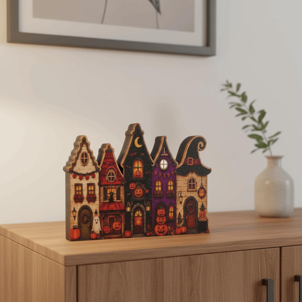 Multi-layer Halloween Village Decor Wooden Rustic Autumn Ornament Coffee Bar Table