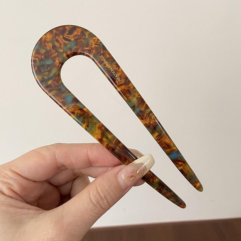 Fashion Marble Print U-Shaped Hair Fork Acetate Geometric Hair Clip Stick For Bun Maker Women Girls DIY Vintage Hairstyle Tools