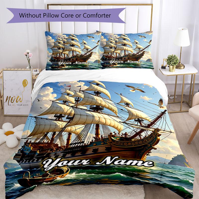 3PC Custom Name Adventure High Seas Bedding Set Duvet Cover Closure Includes 1 Duvet Cover & 2 Pillowcases for Bedroom
