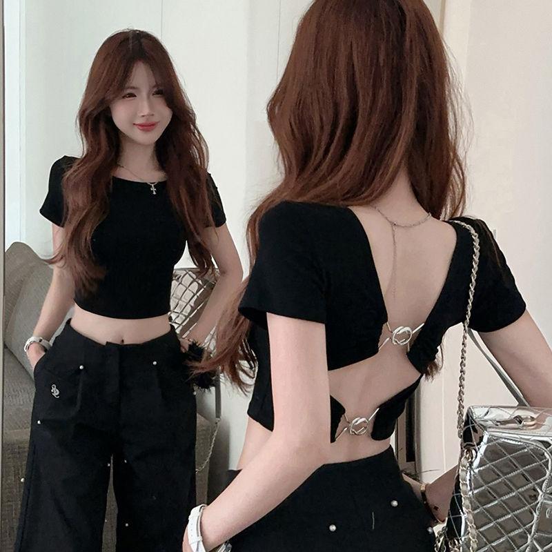 American retro hottie sexy backless T-shirt women's summer niche design versatile front shoulder thin short top ins