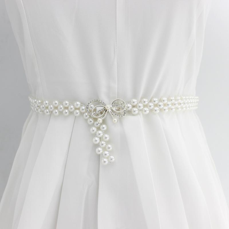 Women'S Rhinestone Pearl Waist Chain Dress Decorative Elastic Belt Women'S Sweet Flower Elastic Waist Seal