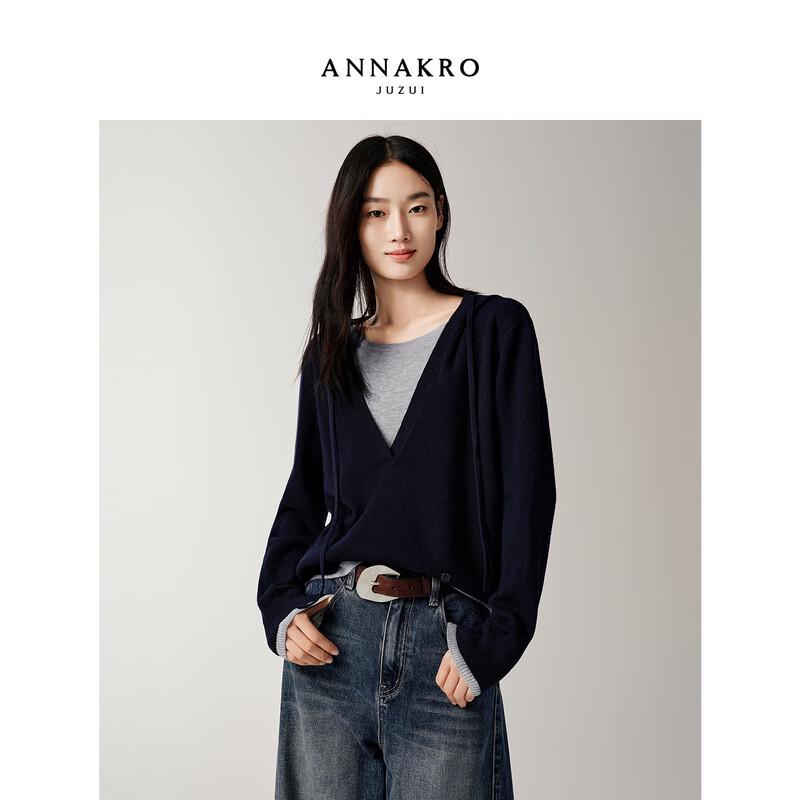 JiuZi·AnnaCo Women's MIU Series Faux Two-Piece Hooded Wool Blend Knit Sweater