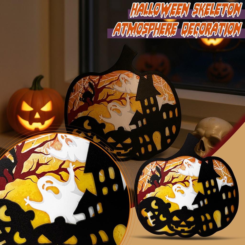 Halloween Pumpkin Wooden Ornament, American Holiday Party 3D Hollow Decoration Atmosphere Ornament
