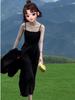 Women's Black Padded Bust Sling Dress, Slimming A-line Summer Resort Skirt