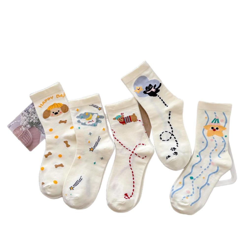 Women's Cute Puppy Mid-Calf Socks - Spring/Summer Academy Style with Japanese Cartoon Star Design - Korean Student Cotton Socks