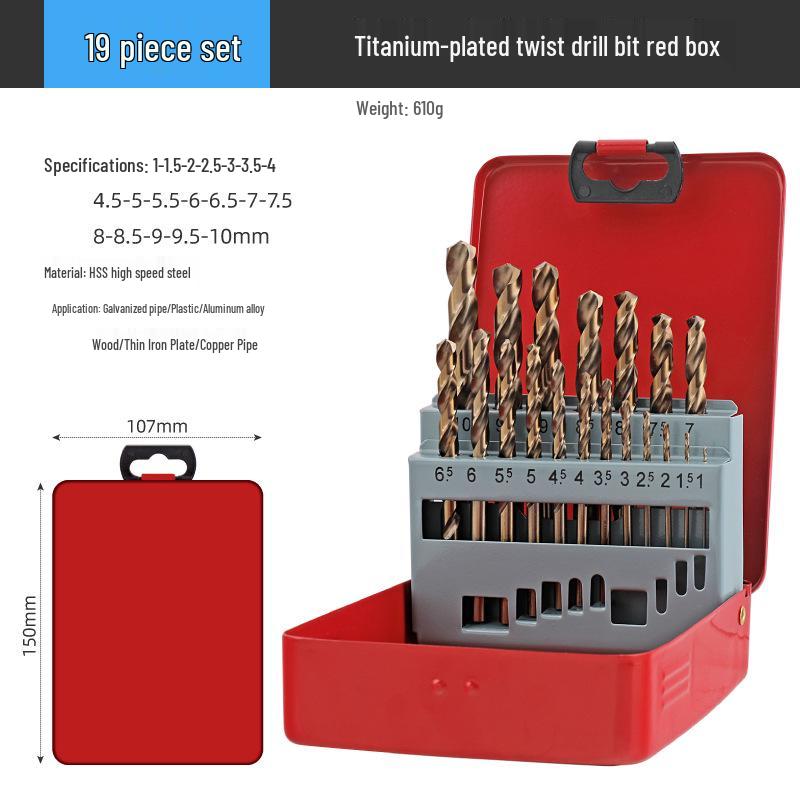 13-Piece High-Speed Steel Titanium-Plated Twist Drill Bit Set for Stainless Steel with Straight Shank