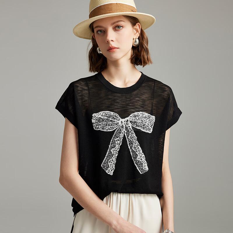 Wudao Ice Silk Bowknot Print Short Sleeve T-shirt XL