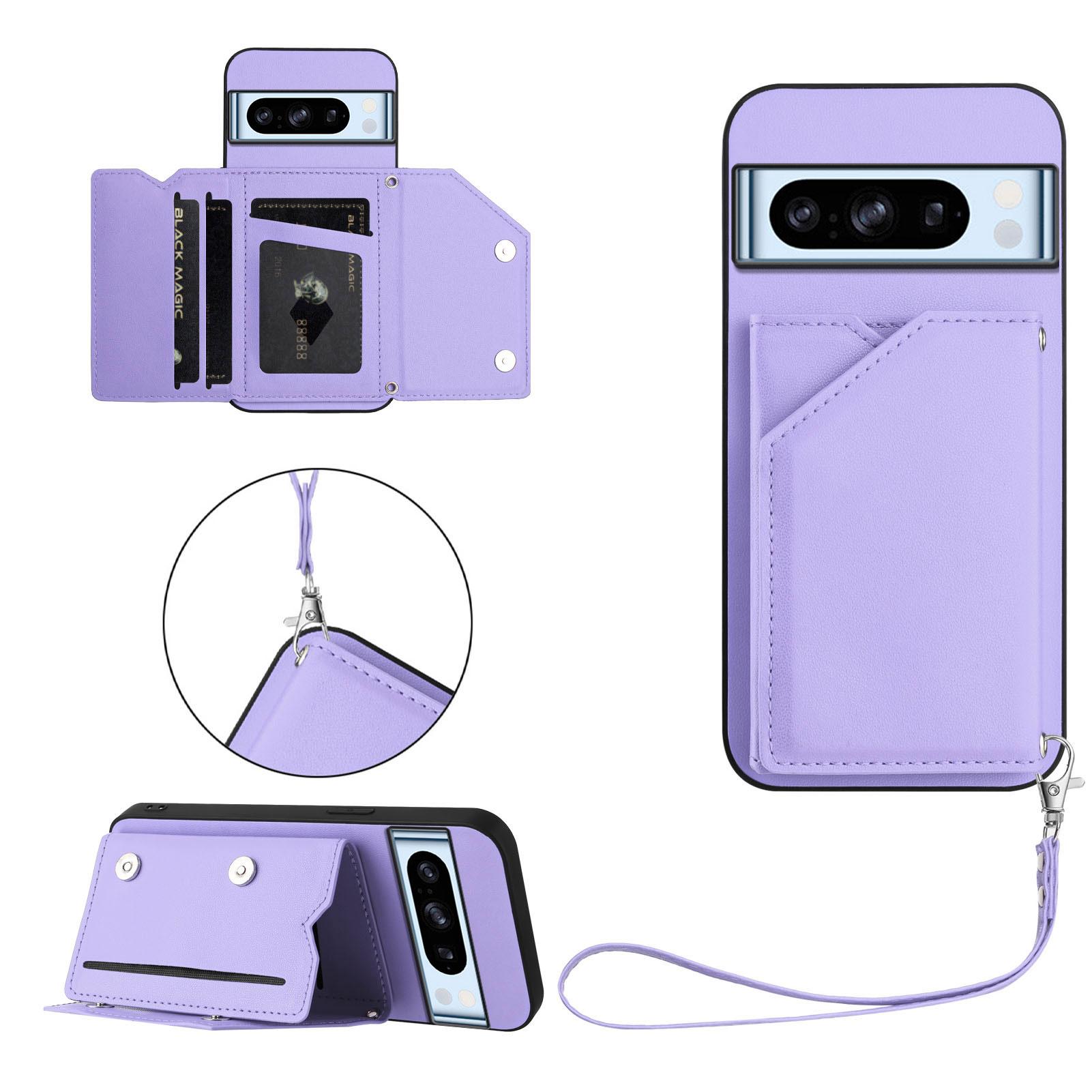 

For Google Pixel 8 Pro Case Card Holder Kickstand Skin-Touch Phone Cover with Wrist Strap Light Purple
