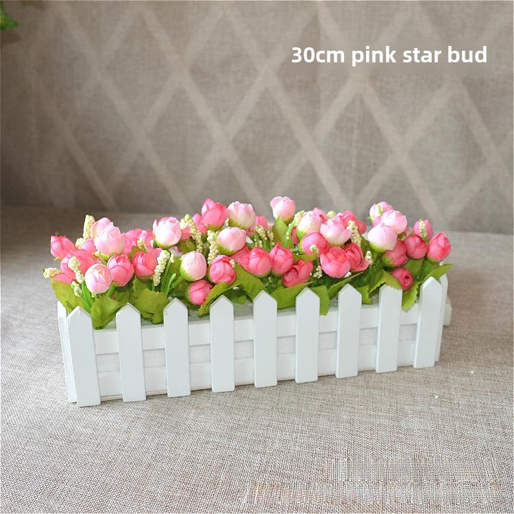 Artificial Flower Set: Wooden Fence & Small Potted Plants for Home Decoration
