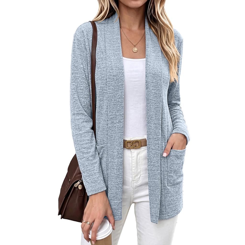 Women's Open Front Cardigan Long Sleeve Loose Fit Casual Solid Color Pocket Sweater Jacket Autumn Outerwear