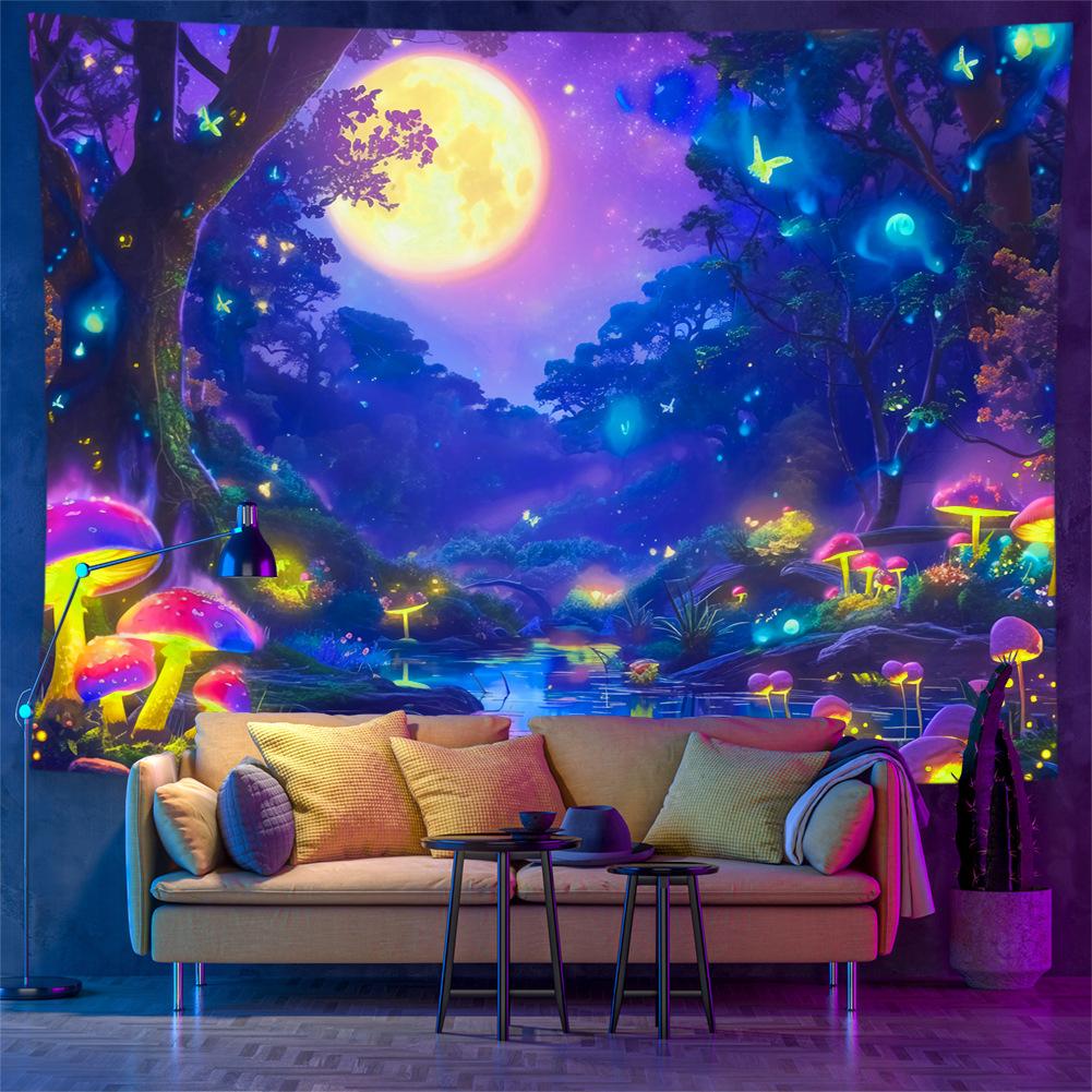 Psychedelic Mushroom Moonlight Butterfly Tapestry Wall Hanging Magic Forest Bedroom Dorm Home Decor Polyester 100X70CM